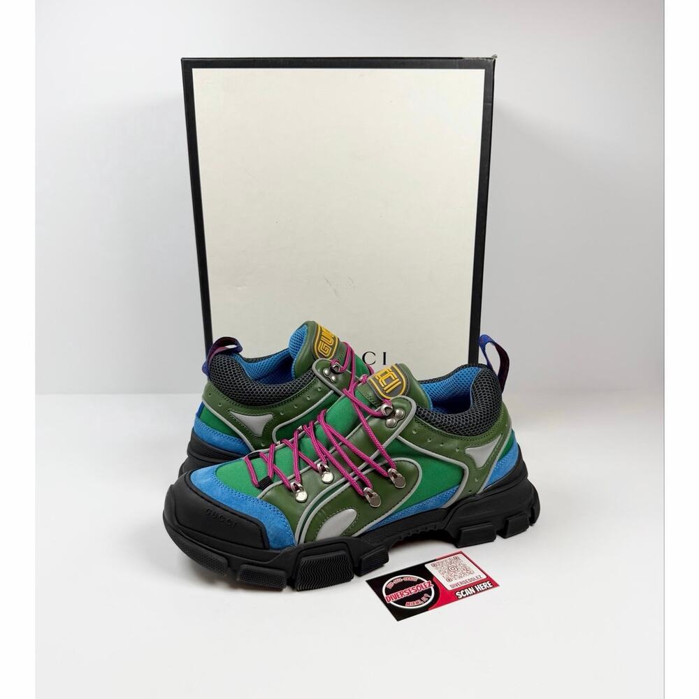 Gucci Green Blue Multicolor Platform Sneakers with Pink Laces